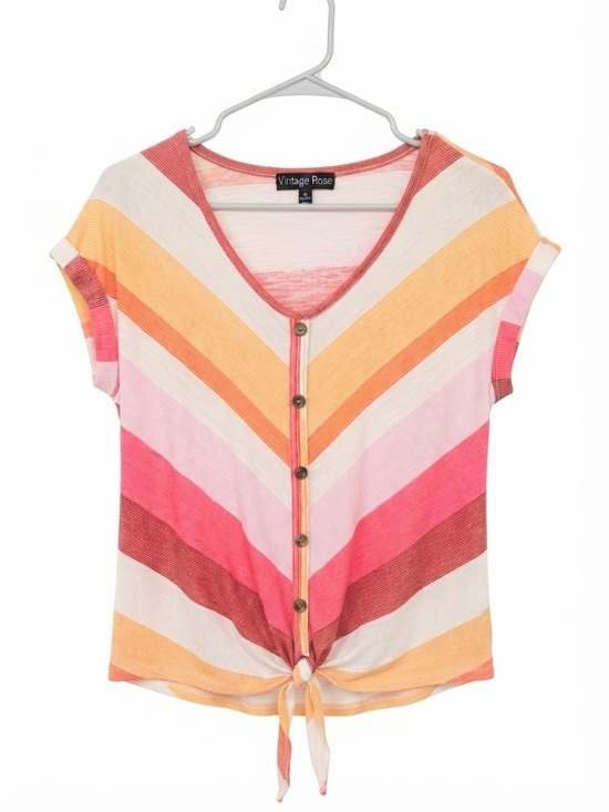 Vintage Rose Tops - Vintage Rose Chevron Tie-Front V-Neck Top - Pink & Orange Boho Sunset Stripes